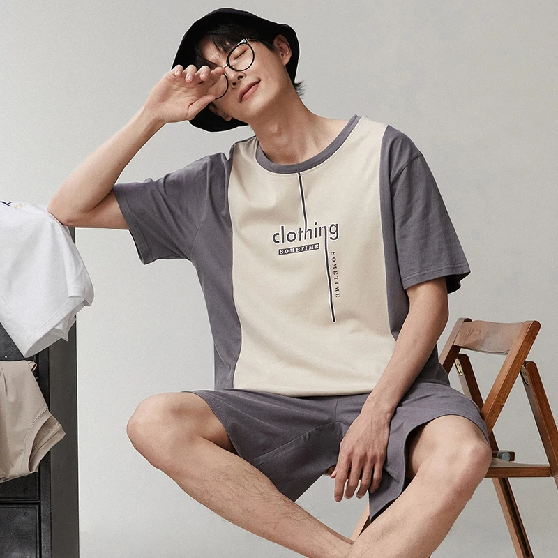 

Men's Pajamas Summer Cotton Men Loungewear Plus Size Sleepwear Male Fashion Gray Patchwork Letter Printed Short Sleeve Pyjamas