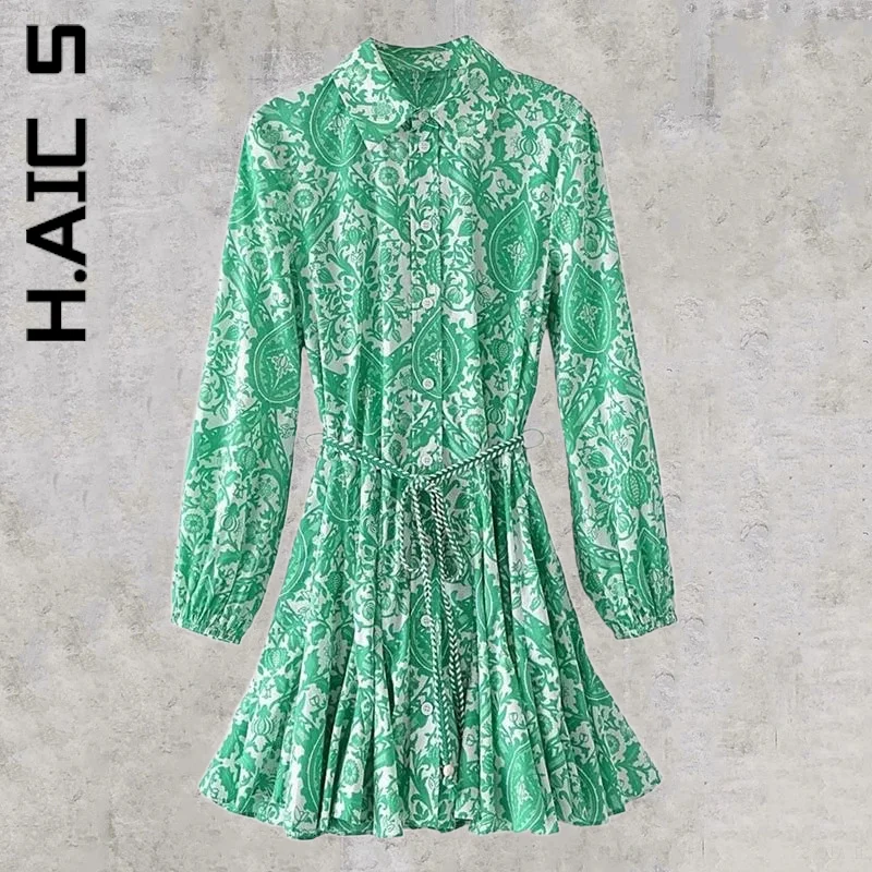 

H.Aic S Dress Fashion Women Long Sleeve Green Print Shirt Dress Girl Korean Dresses Female Vestidos Women Clothing