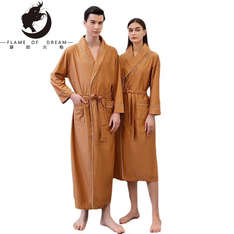 Flame Of Dream Waffle  Bathrobe Couple's  Thin Solid Color Cardigan Long Home Service Sleepwear 221622