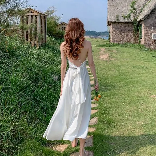 

Летнее женское пляжное сексуальное платье на бретельках с открытой спиной для отпуска
