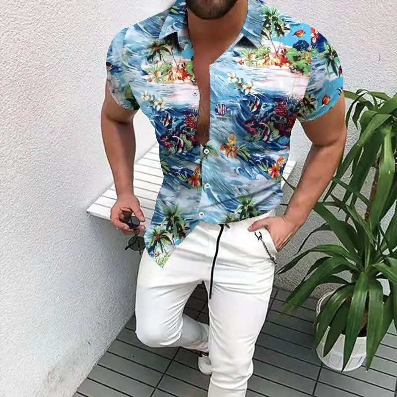 Men's Casual Print Youth Thin Lapel Short Sleeve Shirt