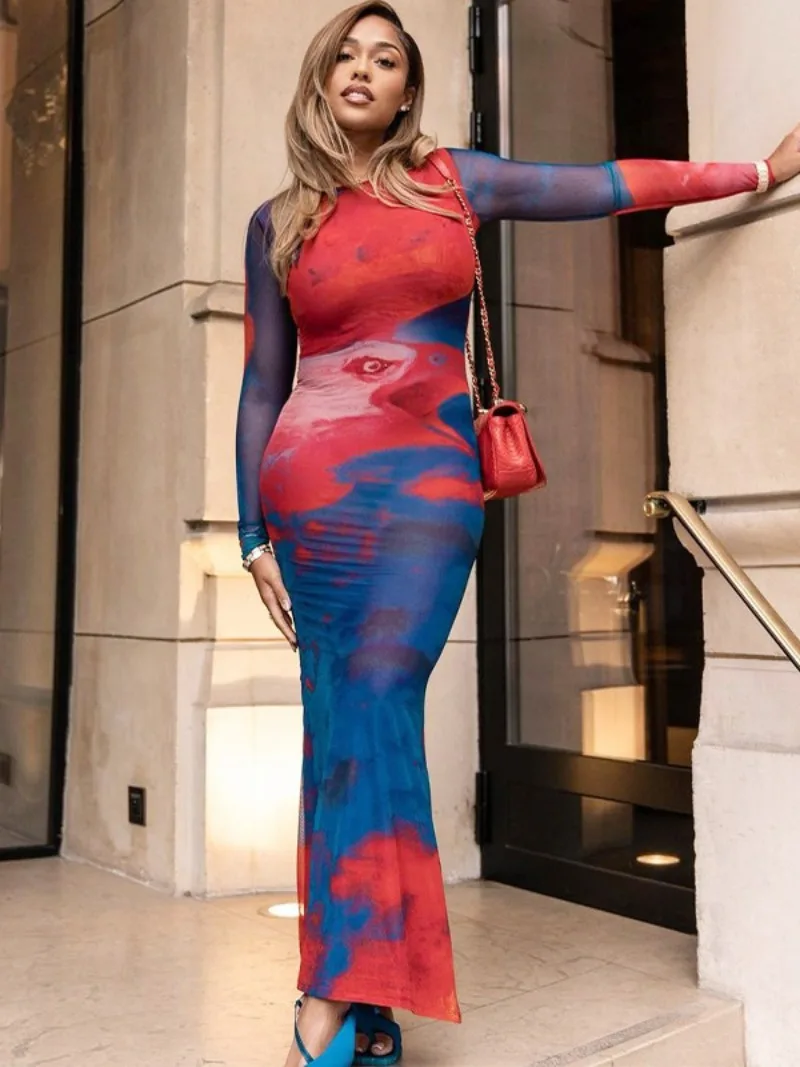 

Fashion O-neck Mesh Print See-through Long Dresses for Women 2023 Streetwear Female Fall Tunics Bodycon Night Club Party Dresses