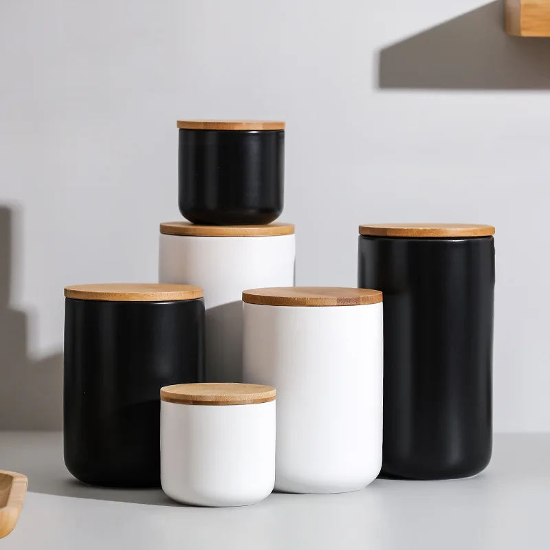 

Nordic Ceramic Seal Tank Cookie Candy Storage Wooden Lid Coffee Bottle Walnut Tea Spice potes hermeticos Kitchen Container Jar