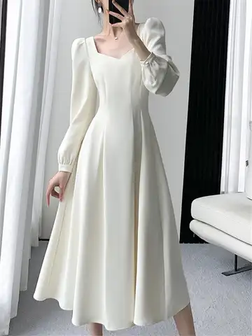 Платье женское средней длины с длинным рукавом, элегантное белое модное платье во французском винтажном стиле, одежда для работы, осень 2022