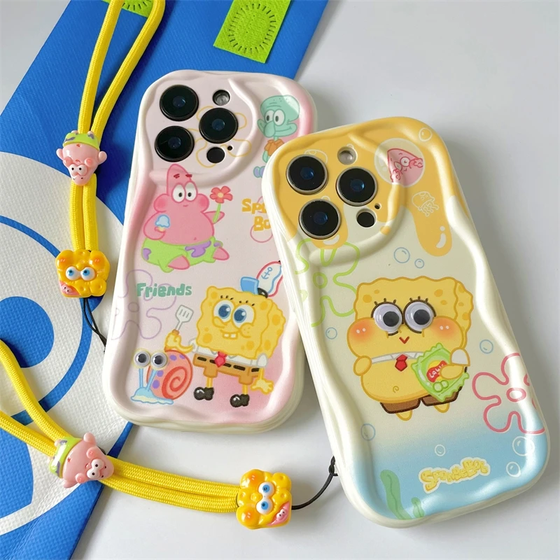 For Samsung Galaxy S25 S24 Ultra S23 S22 FE S21 S20 S10 S9 S8 Plus SpongeBob Patrick Star Phone Case Move Eyes Wave Strap Cover