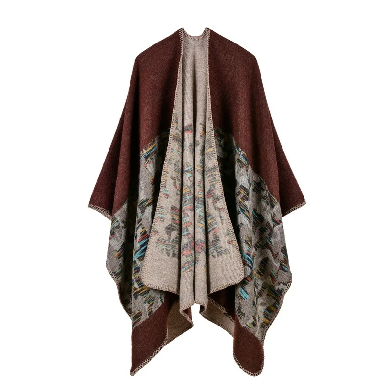 European  American Women's Fashion Camouflage Imitation Cashmere Split Fork Lengthened Thickened Cape Ponchos Lady Coat Coffee