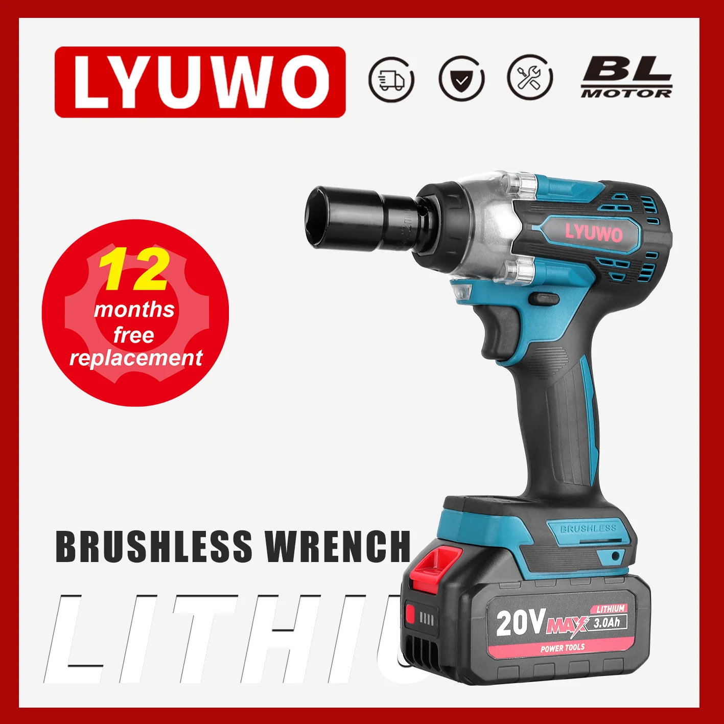 

20V Rechargeable Electric Impact Wrench Brushless Wrench Socket Lithium Ion Battery Hand Drill Installation Electric Tool