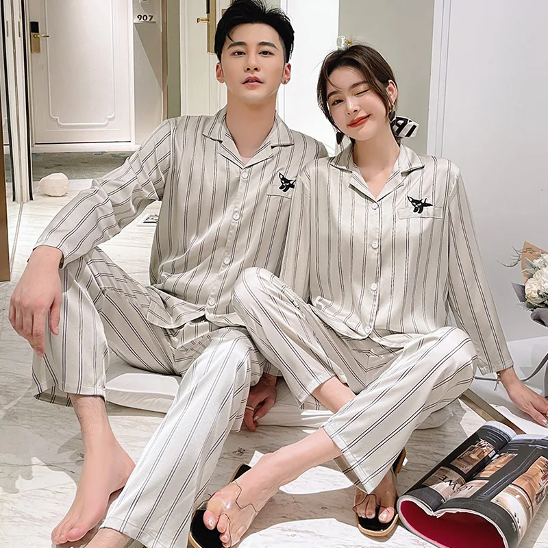 Spring and Autumn Ice Silk Long-sleeved Trousers Couple Pajamas Womens Monster Puppy Dog Black Striped Men's Summer Home Clothes