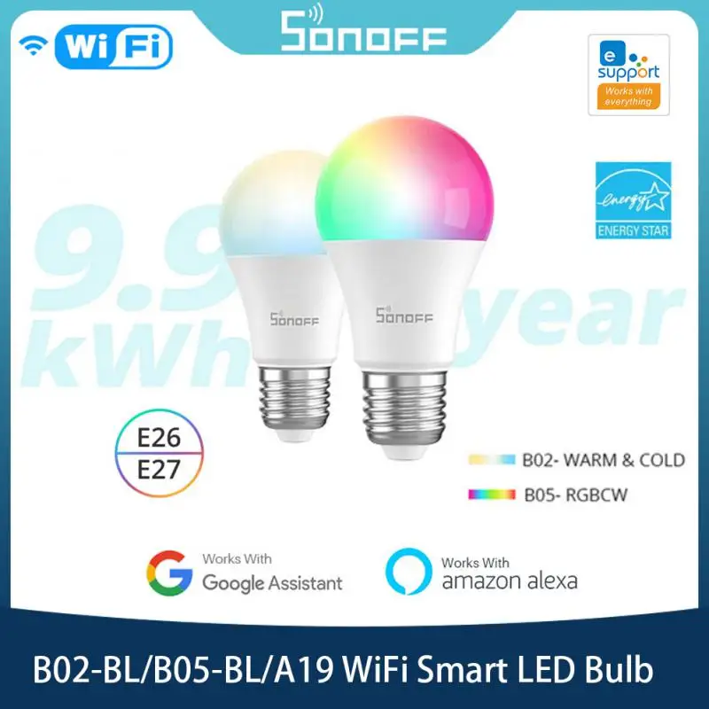 

Умная лампа SONOFF B02/B05-BL с Wi-Fi, E26, E27, RGB, светодиодная лампа, теплый белый, цветная, с регулируемой яркостью, с голосовым управлением, для Alexa, Google ...