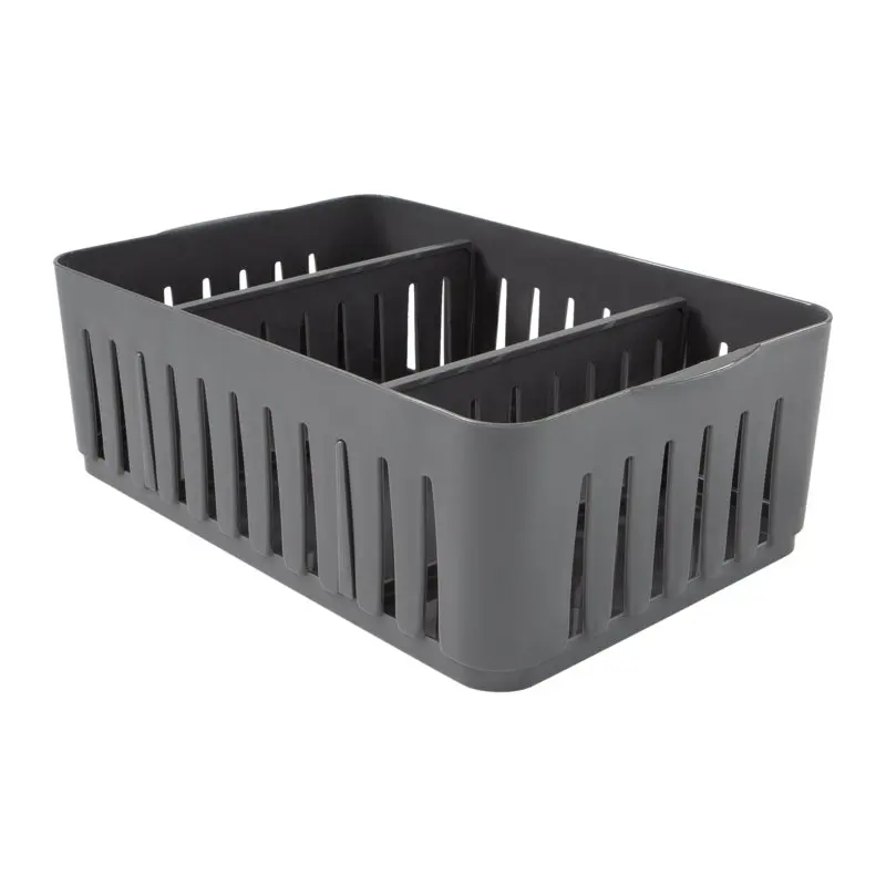 

Pack of Grey Stackable Plastic Storage Basket Organizer with Adjustable Dividers, Ideal for Home, Garage and Shed Organization.