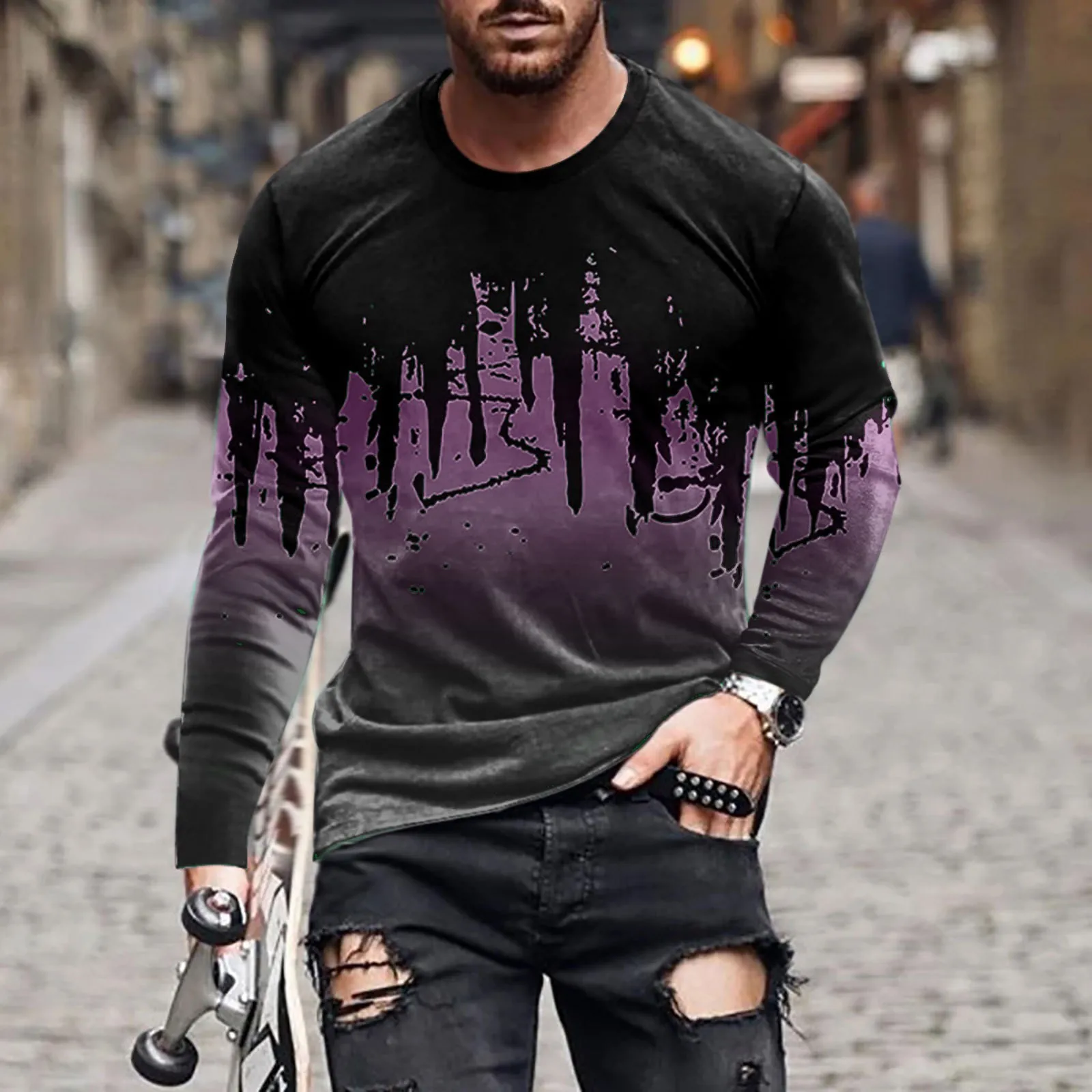 

Men's long-sleeved T-shirt spring and summer 3D printing gradient ink splash trend good quality couple long-sleeved T-shirt