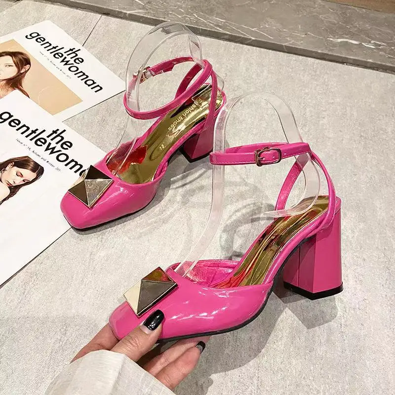 

New Design Square Toe Women Sandals Ladies Dress Party Shoes Square High Heel Fashion Big Gold Rivet Pumps Shoes
