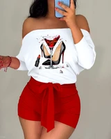long sleeve women playsuits print off shoulder white tee red shorts skinny bodysuit casual lady clothes 2022 new fashion summer