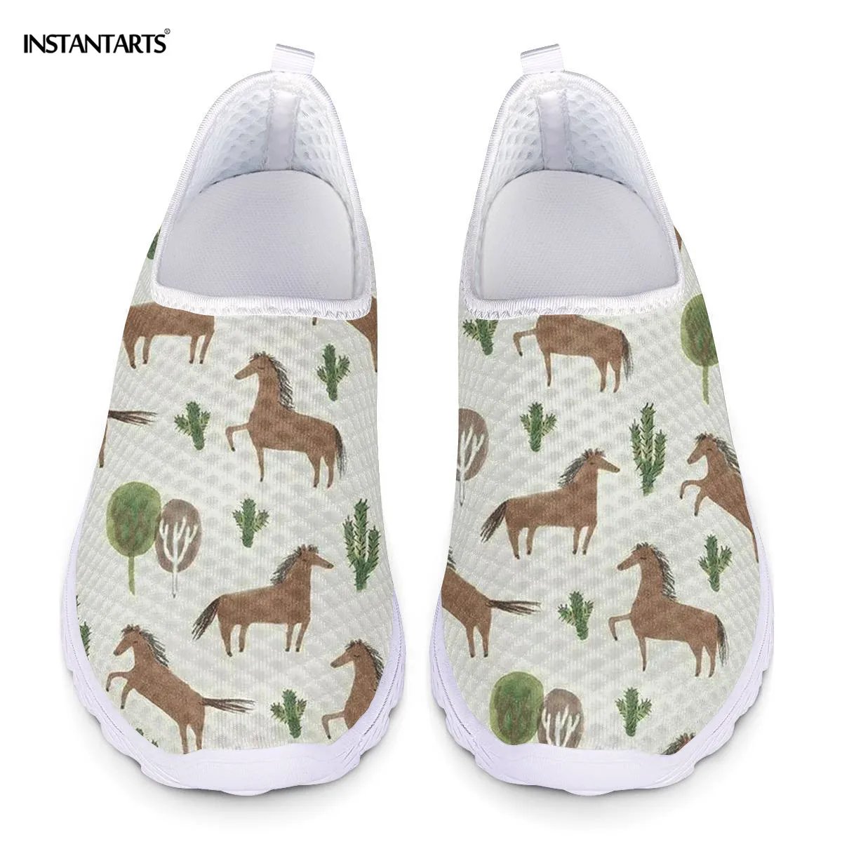 

Женские сетчатые кроссовки INSTANTARTS, милые летние легкие слипоны на плоской подошве с принтом лошадей, 2022