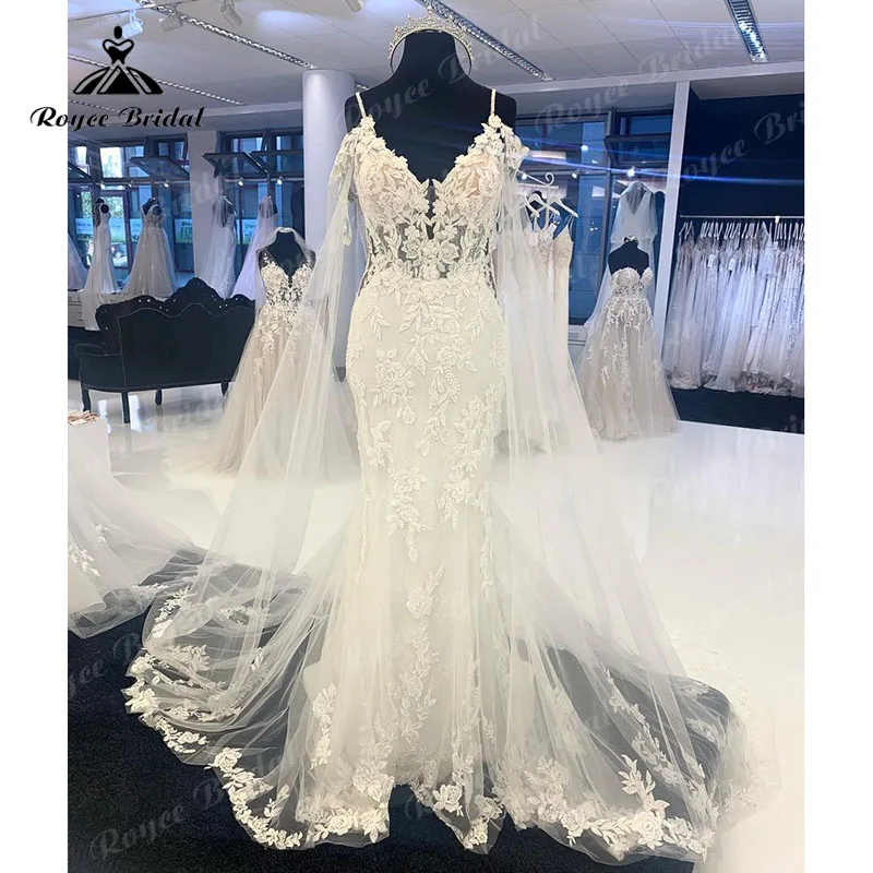 

Roycebridal V Neck Spaghetti Straps Mermaid Wedding Dress with Shawl Appliques Lace Tulle Court Train Backless Bridal Gowns 2023