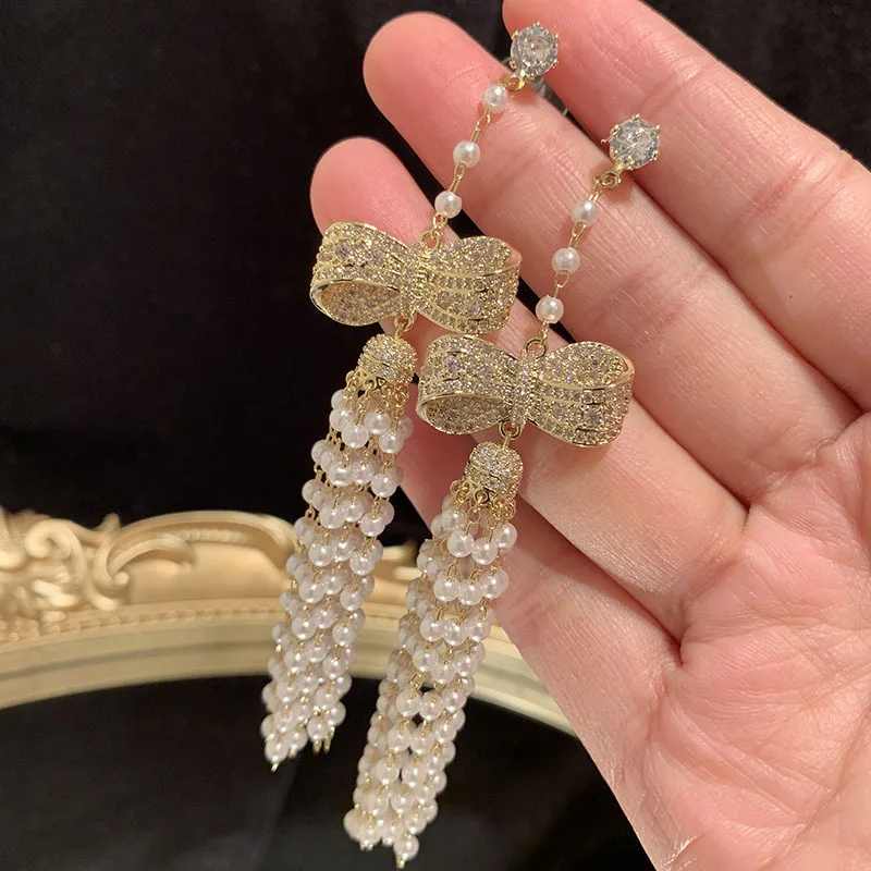 

Vintage Women Dangle Earring Aesthetic Bowknot With Long Pearl Tassel Pendant Charm Lady Luxury Aretes Korean Fashion Jewelry
