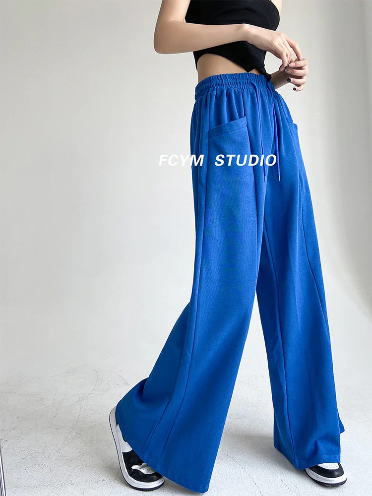 

2023 New Women Solid Color Baggy Drawstring Long Trousers Wide Leg Pants Streetwear Elastic Waist Basic Sweatpants Loose Casual