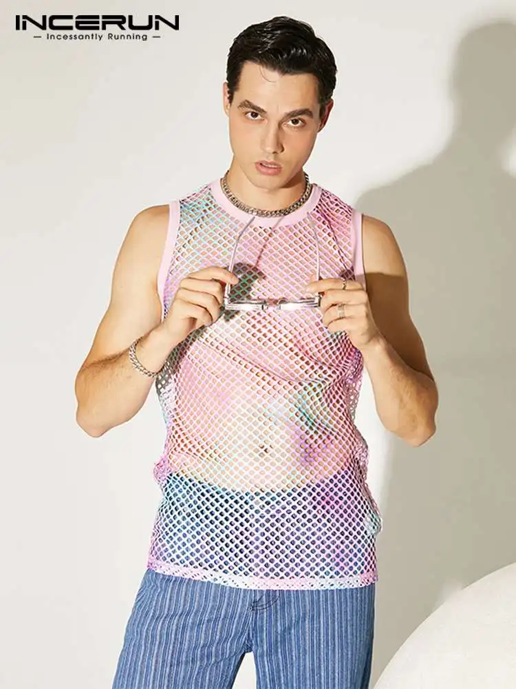 

INCERUN Tops American Style Stylish New Men Tie-dye Mesh Waistcoat Fashion Casual Male Loose Comfortable See-through Vests S-5XL