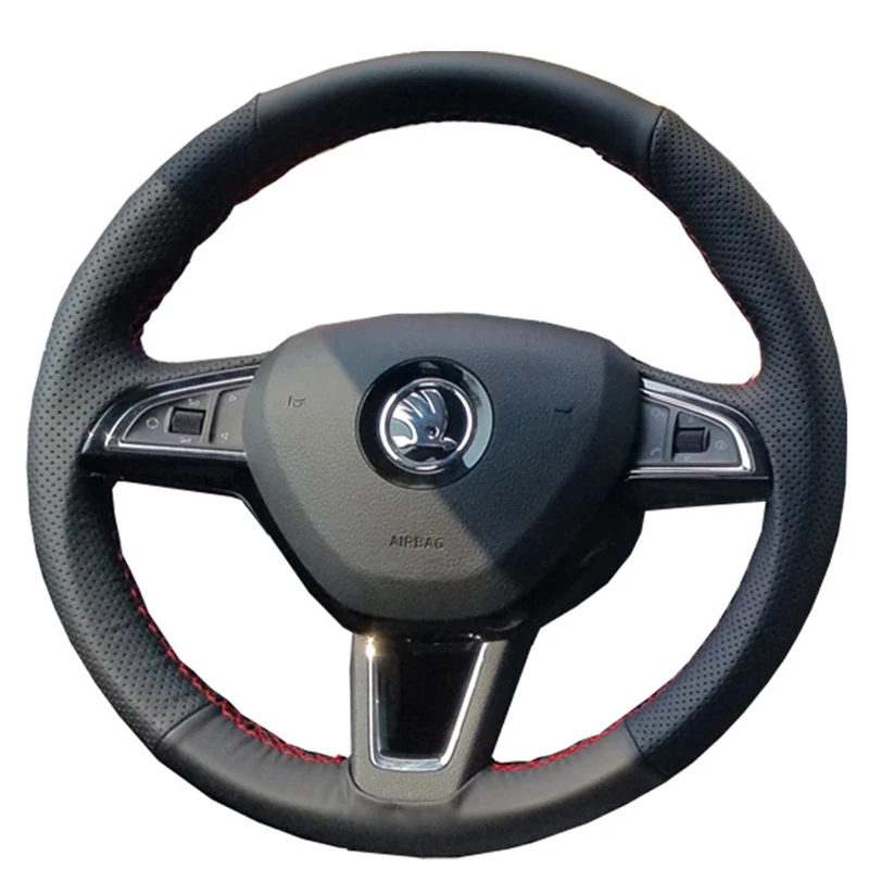 

For SKODA Octavia Rapid Spaceback Rapid SUPERB KamIq Kodiaq Custom leather hand sewn steering wheel cover anti-slip car interior