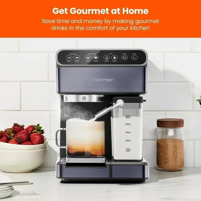 

Эспрессо-машина Chefman 6-в-1 с отпаривателем, автоматическая кофеварка с одним касанием, однократная или двойная машина для капучино