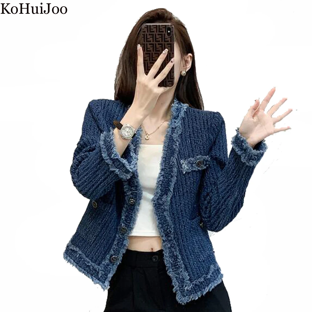 

KoHuiJoo 2022 Autumn New Denim Coat Women Vintage Long Sleeve Korean Loose Fringed Tassel jacket Fashion Short Jean Jackets