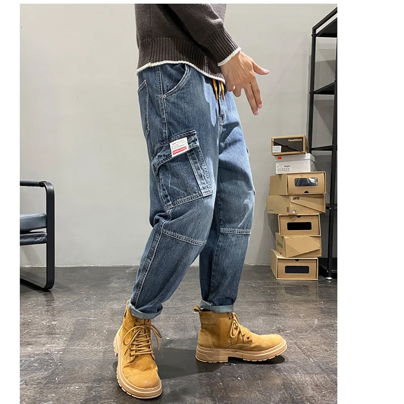 Streetwear Men New Pattern Blue Mop Pants Fashion Hip Hop Multiple Pockets Broad Leg Overalls Temperament Versatile Jeans Autumn