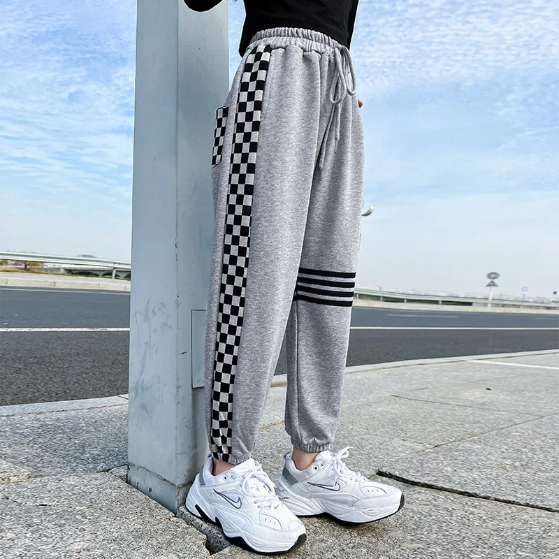 

Teenage Girls Sweatpants Spring Autumn Gray Side Plaid Kids Pants Elastic Waist Children Sport Trousers 4 6 8 10 12 13 14 Years