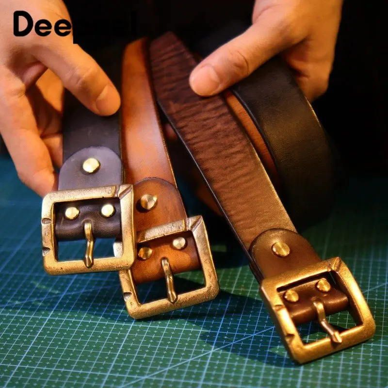 Deepeel 3.8*100-130cm Vintage Men's Belt Casual Pure Brass Buckle First Layer  Cowhide Fashion Belts Male Designer Waistband