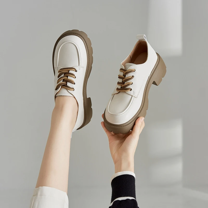 2023 Leather Loafers Round Toe Female Lofers - Women Thick Heels Slip On Black Shoes for Womens - ZHR AY78