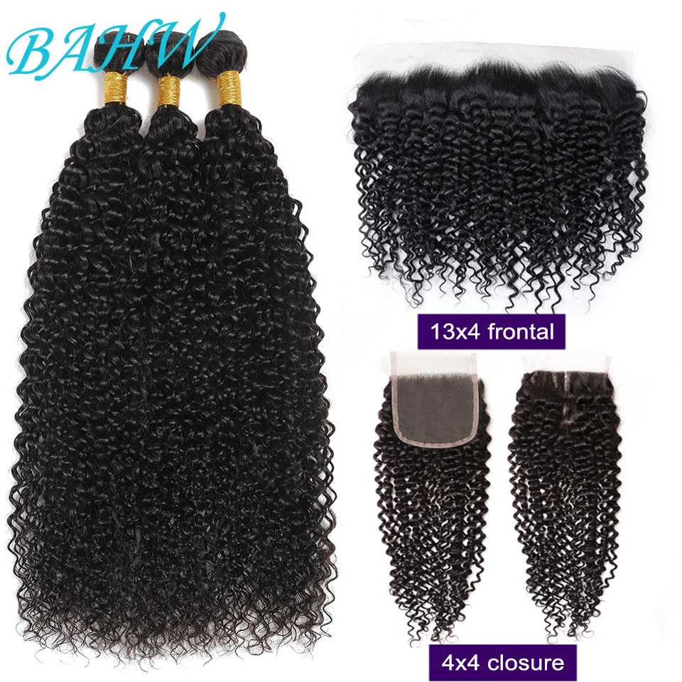 28 30inch Kinky Curly Bundles with Closure Peruvian Hair Weave Bundles with Frontal 4X4 HD Transparent Lace Closure 100% Remy