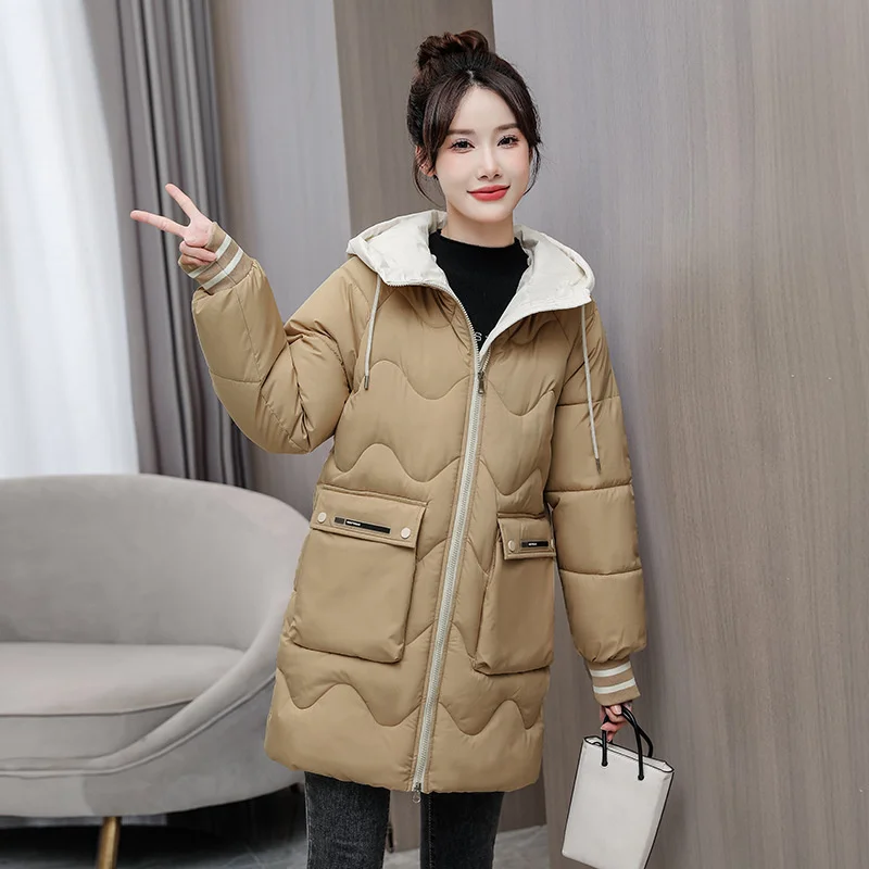 Warm and windproof medium long hooded cotton padded jacket for women 2022 winter new Korean casual fashion stand collar down