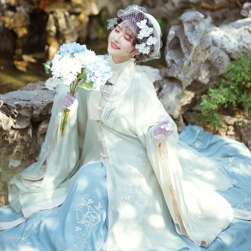 

2022 Chinese Traditional Original Hanfu Women's Cloak Stand-up Collar Song Dynasty Large-sleeved Shirt Waist Skirt Suit