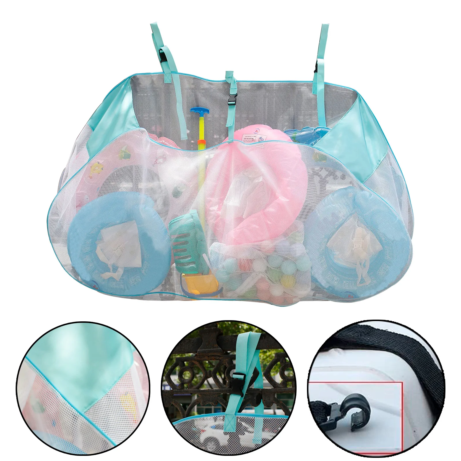 

Swimming Pool Storage Bag Large Capacity Foldable Hook Hanging Mesh Bag For Pool Iatable Toys Football Basketball Organizer