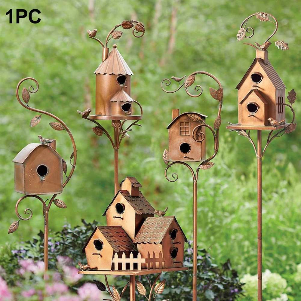 

Exquisite Bird House With Stakes Yard Garden Decor Lawn Durable Home Patio Attractive Metal Feeder Outdoor Ornament Gift