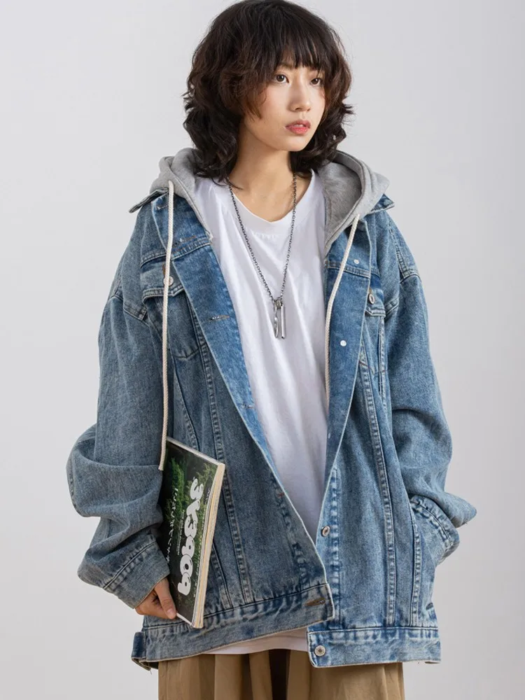 

ZQLZ Streetwear Oversize Korean Hooded Denim Jacket Women 2022 Loose Casual Single Breasted Spring Autumn Jeans Jacket Female