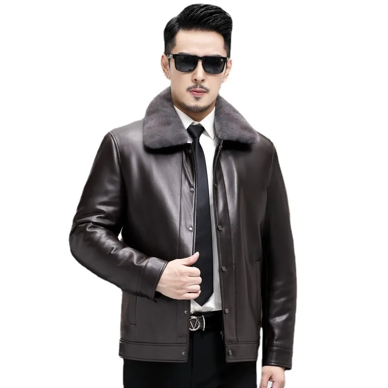

8606 New Fashion Middle-aged and Elderly Men Detachable Fur Liner Sheepskin Leather Jacket Fur Coat Tide