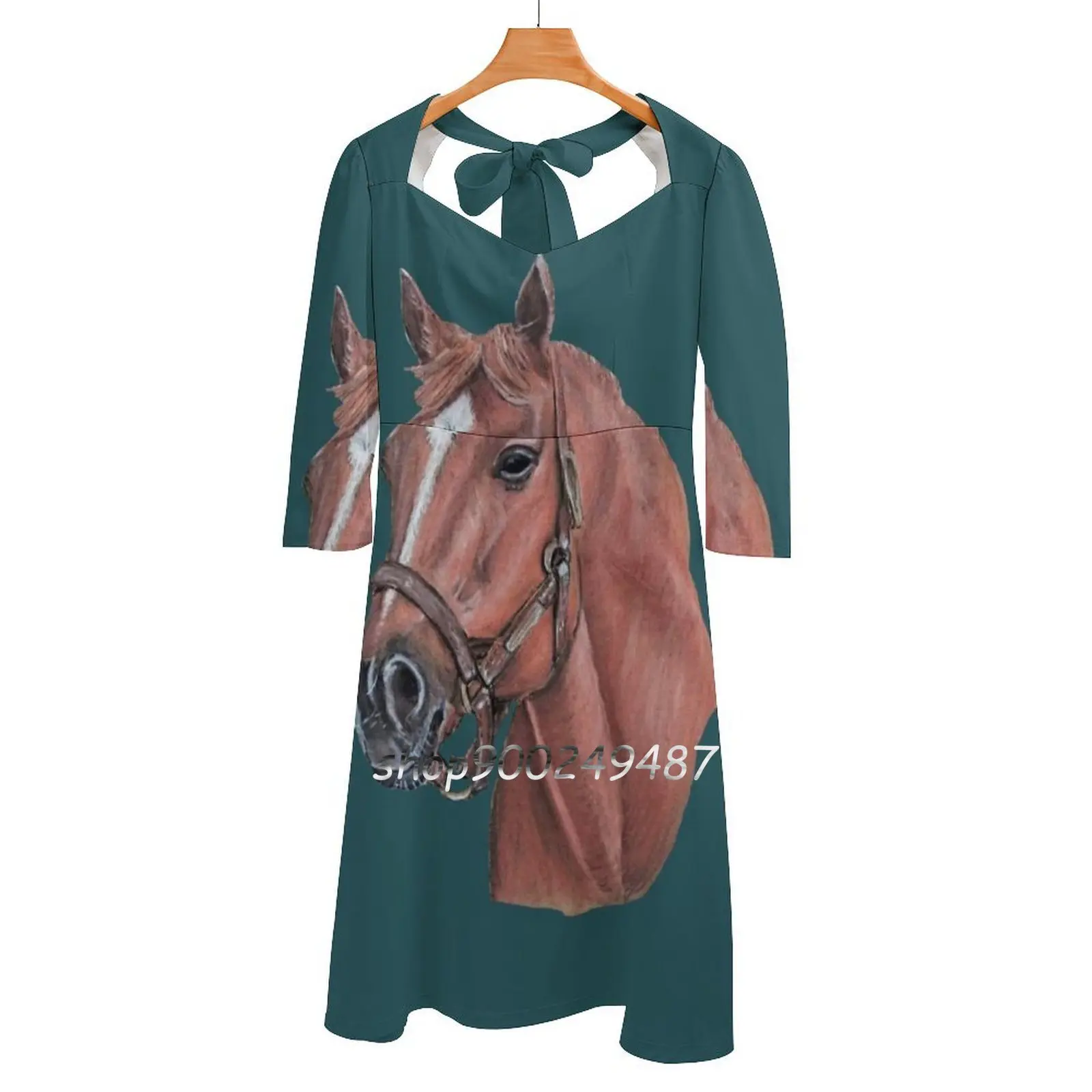 

Женское платье с квадратным вырезом, элегантное красное платье с принтом лошадей и лямкой на шее, для лета