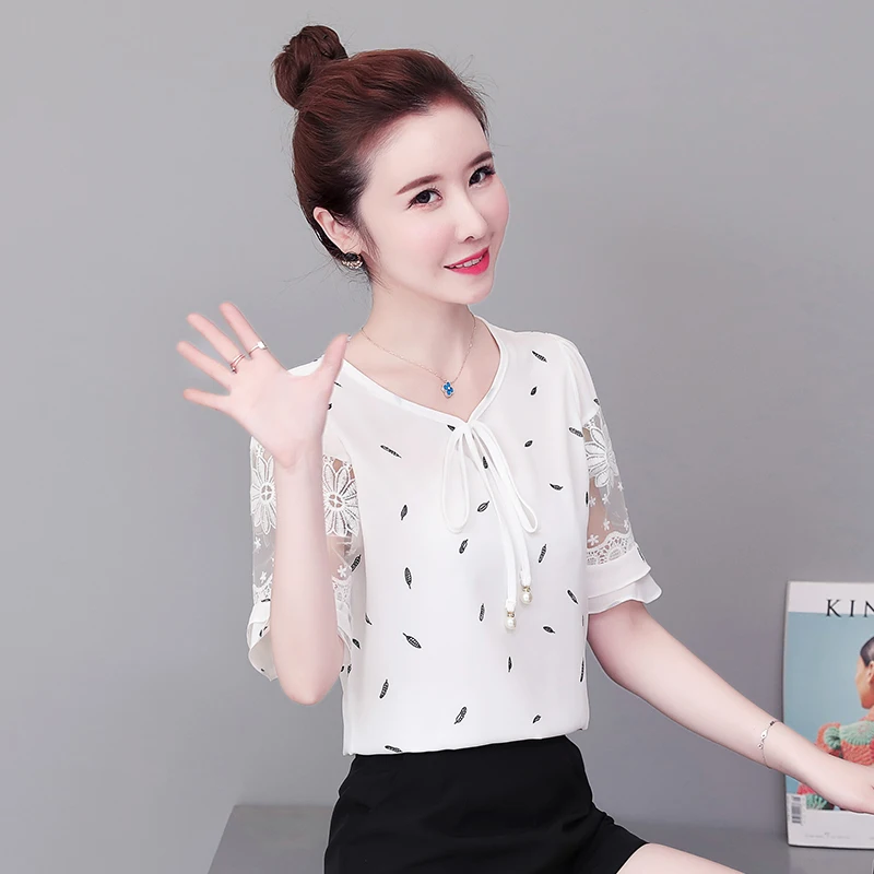 New Arrive Women Summer Blouse Elegant Fashion Mesh Chiffon Shirt Retro Floral Prin Short Sleeve Bottoming Shirts Blusas Mujer