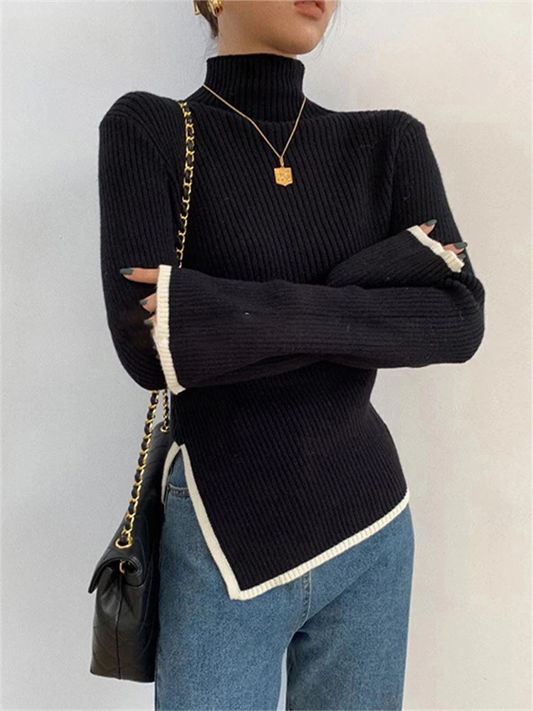 

Tossy Contrast For Women Pullover Turtleneck Slim Fashion Long Sleeve Knit Sweater Summer Patchwork Casual Knitwear Pullover