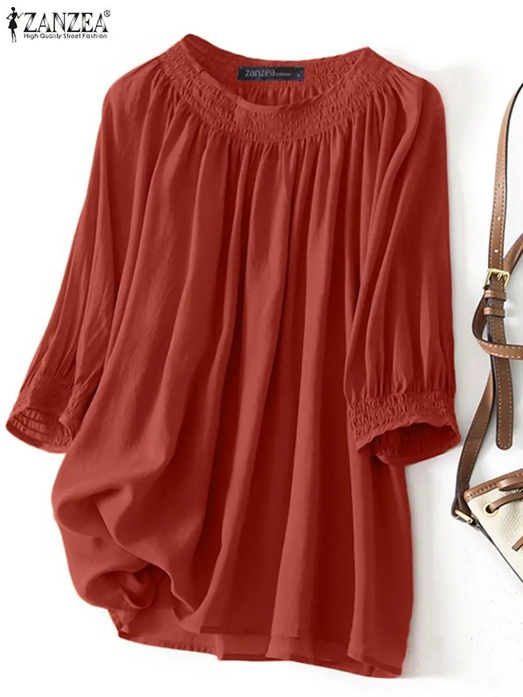 

Модная офисная Свободная блузка ZANZEA, женская блузка с круглым вырезом и коротким рукавом, однотонные повседневные пуловеры, футболка большого размера, женские блузы