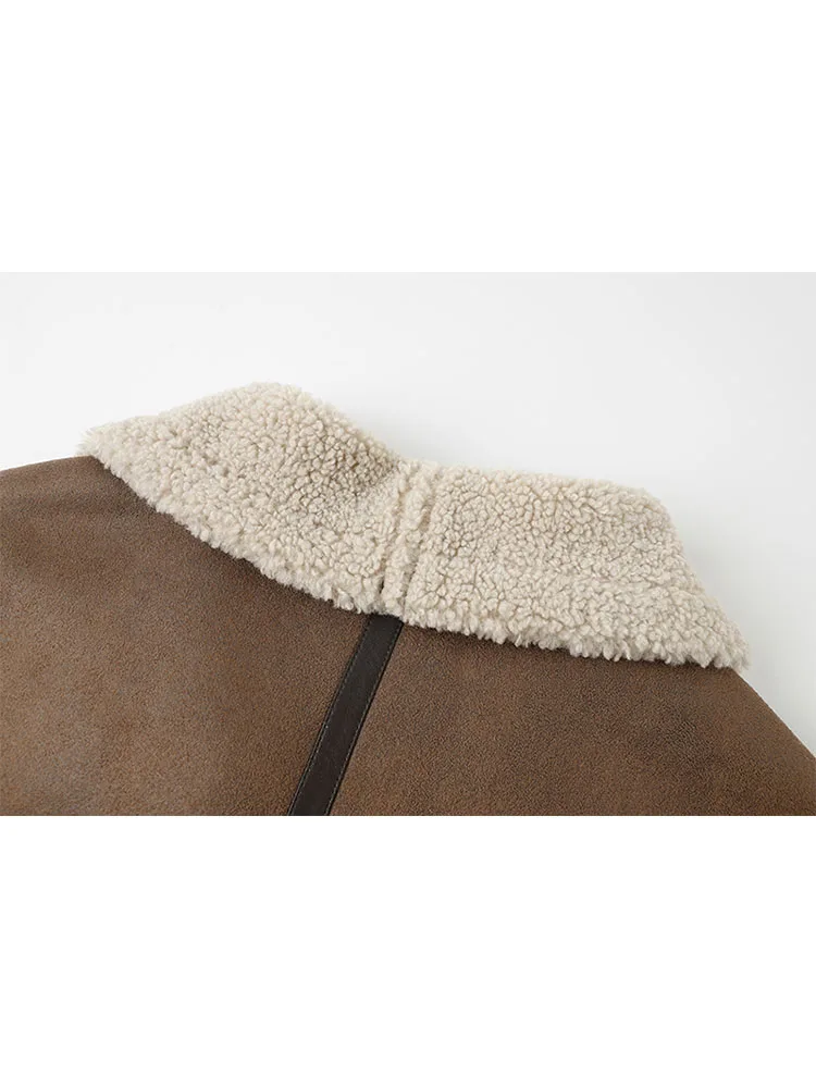 MOLAN Winter Woman  Leather Coat Warm Fashion Lambs Wool Patchwork Loose Long Sleeve Locomotive Coat Zipper Female Chic Outwear