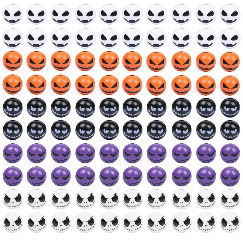 

Бусины для Хэллоуина, деревянные бусины россыпью, 100 шт., узор на Хэллоуин, декоративные деревянные бусины для ожерелий, браслетов, украшения для дома