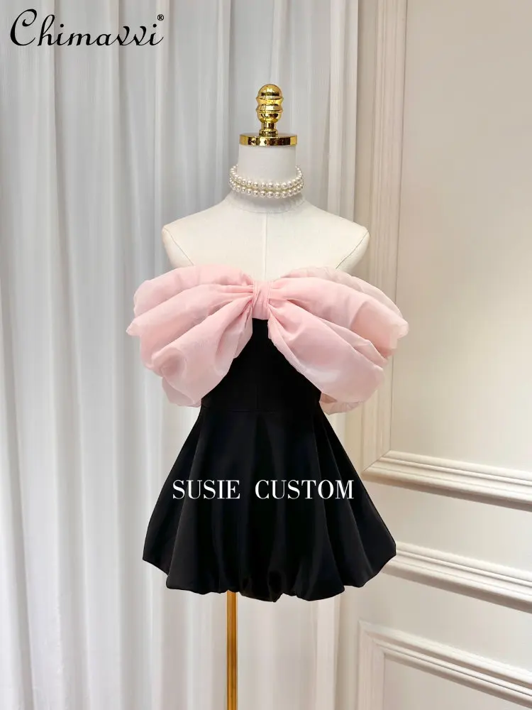 Summer Pink Black Contrast Color Three-Dimensional Bowknot Off-Shoulder Shoulder-Baring Top Cinched Waist Shorts Jumpsuit Woemn