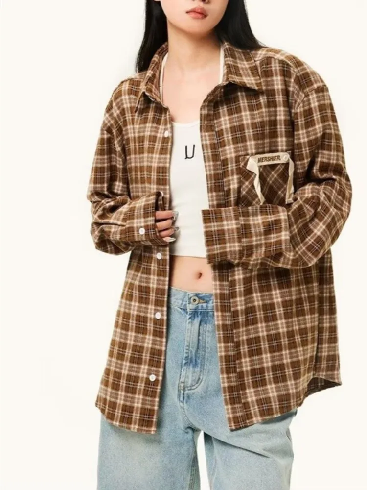 Женские рубашки в клетку с американскими карманами нишевой дизайн весна-осень