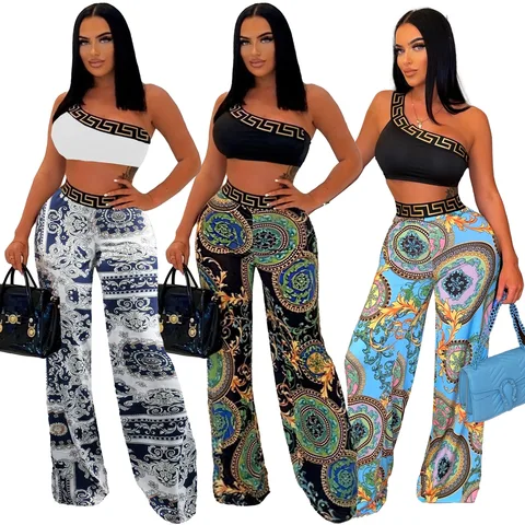 Echoine Women Slim Print One Shoulder Sleeveless Crop Top+Wide Legged Pants Two 2 Pieces Set Summer Sexy Nightclub Party Outfits Echoine Women Slim Print One Shoulder Sleeveless Crop Top+Wide Legged Pants Two 2 Pieces Set Summer Sexy Nightclub Party Outfits