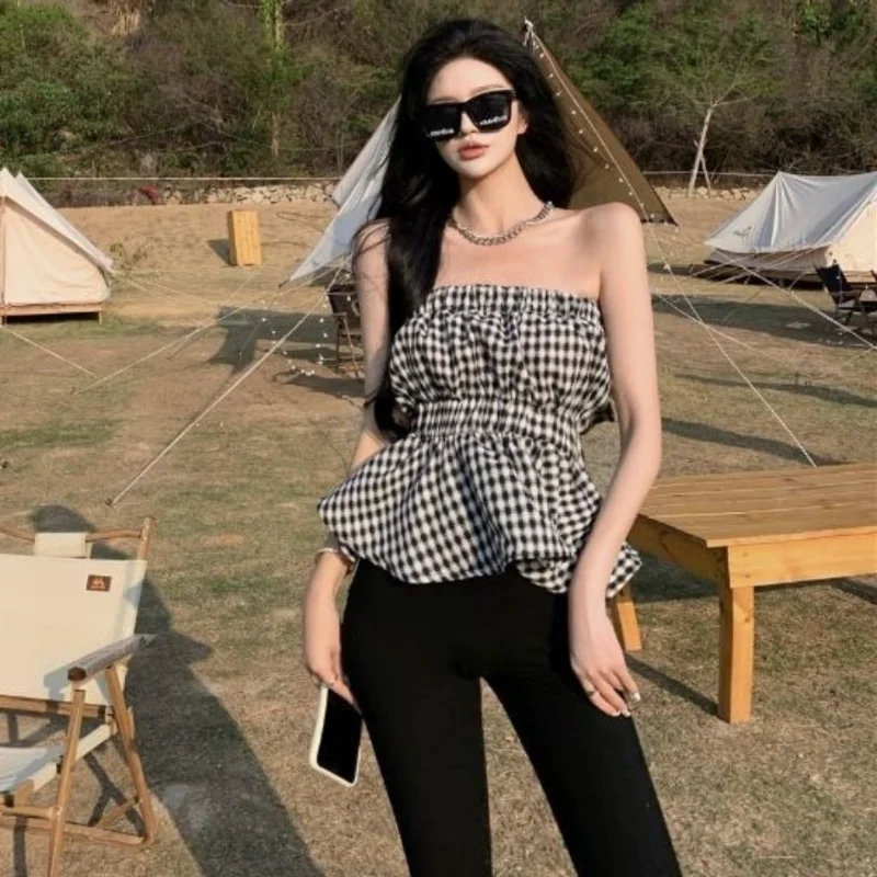 

Plaid Retro Summer Camisole 2023 Stylish Hotsweet Tender Clubwear Slim Hot Sale Casual Backless All-match Design Popular Holiday