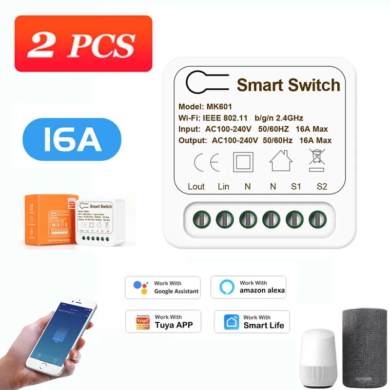 

Tuya 16A Mini Switch 2-way Control Switches WiFi Smart Breaker Smart Life APP Works With Alexa Google Home Tuya Smart Module