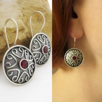 silver color vintage simple round womens earrings inlaid red zircon temperament earrings 2022 new fashion jewelry for women