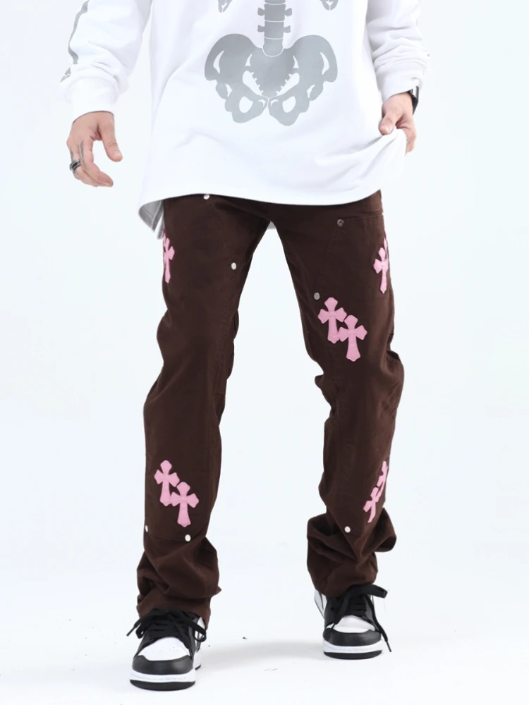 Four Seasons Men's Jeans Cross Patch Embroidered Denim Trousers Men High Street Casual Jeans Streetwear Men's Ins Hot Sale JEANS