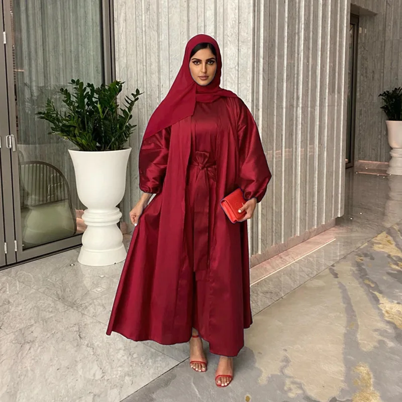 2pcs Fashionable Muslim Dubai Türkiye Arab Islamic Eid Al-Fitr Women's Comfortable Silk Dress Two-piece Set